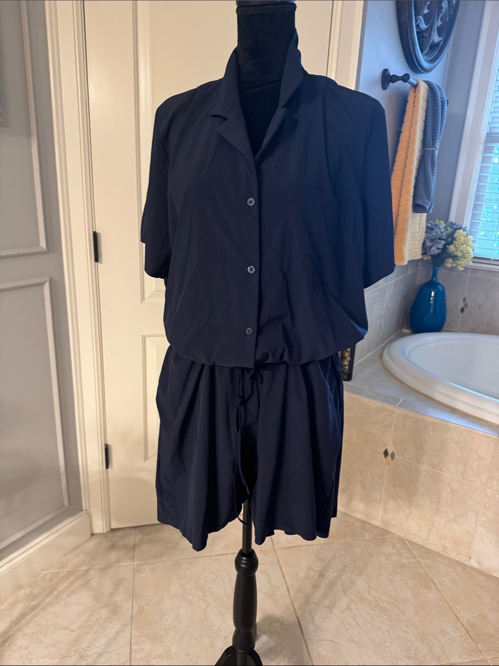 AthletA Navy Short Sleeve Button Romper
